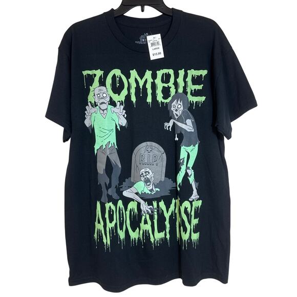 NWT Men's Large, Short Sleeve T-shirt, Zombie Apocalypse Black With Green R.I.P. - Picture 1 of 4